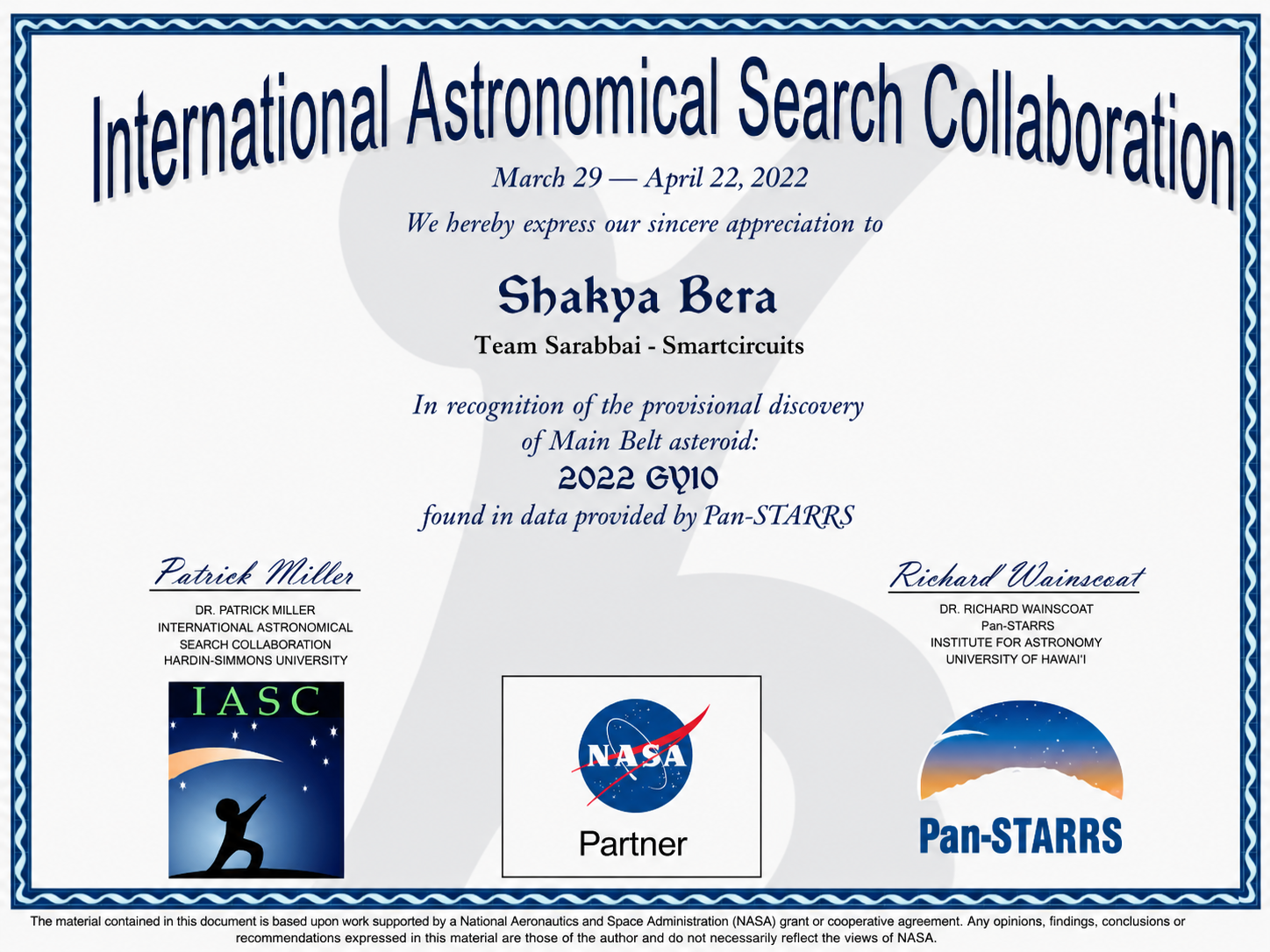 Official NASA Citizen Scientist Program participation certificate